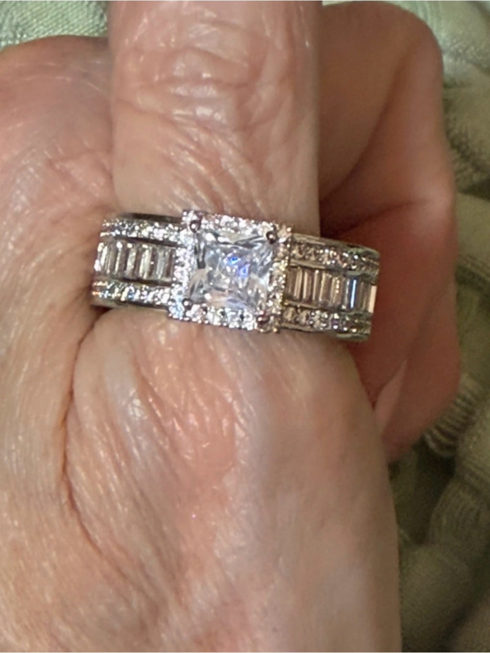 Princess Cut Halo Baguette Rhinestone Silver Tone Statement Ring Size 9